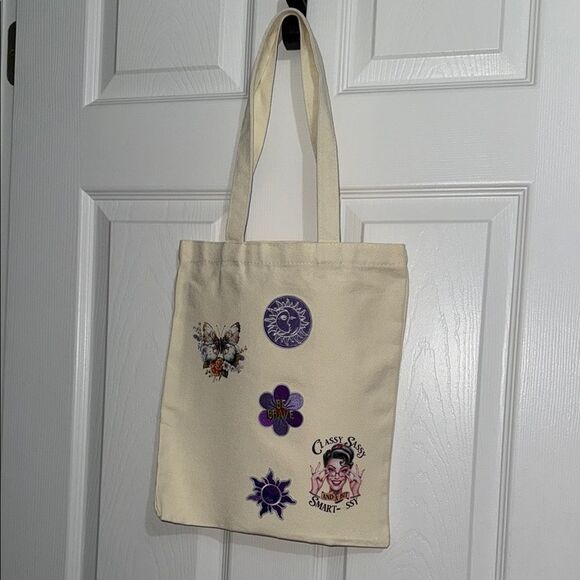 Handcrafted Stylish off white Tote Bag with Fun Patches - Picture 1 of 4